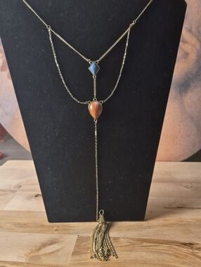 Gold-Tone Layered Necklace with Orange Teardrop and Blue Accent